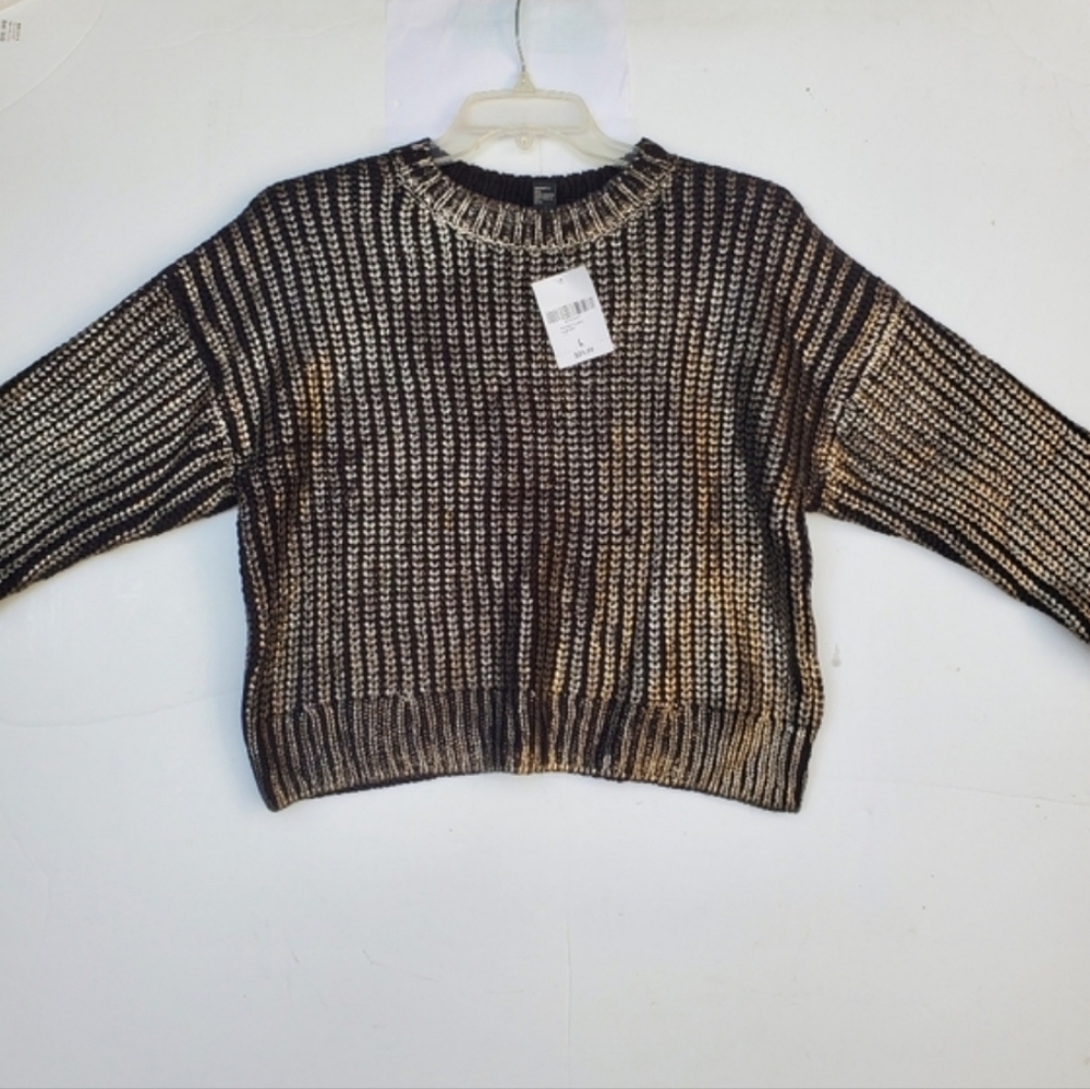 Crop Metallic Gold Black Cable Knit Sweater NWT Size L - Picture 4 of 16